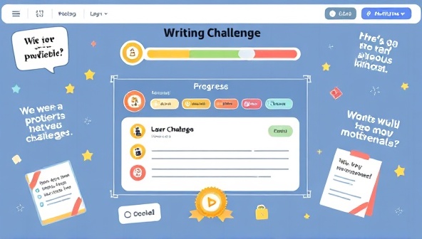 An illustration of a virtual writing challenge interface with a progress bar, achievement badges, and a variety of writing prompts, surrounded by motivational quotes and virtual rewards, creating a dynamic and gamified environment that encourages user participation and creativity.