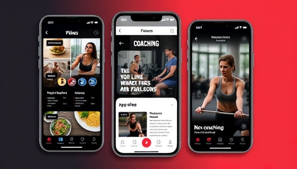 A sleek and modern app interface showcasing workout plans, meal suggestions, and a live coaching session in progress, with vibrant fitness imagery and motivational quotes to inspire users.
