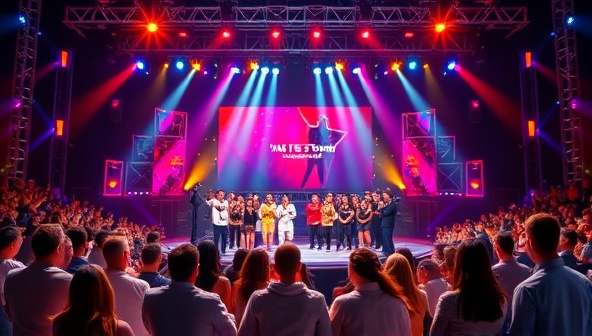 An animated digital stage with dazzling lights and a virtual audience cheering, as contestants from various backgrounds showcase their talents, conveying a vibrant and inclusive talent show atmosphere.