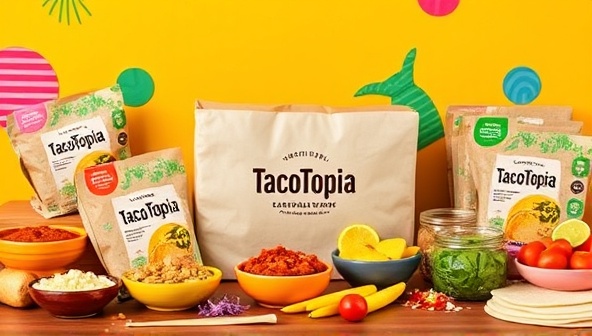 A vibrant and colorful setup showcasing TacoTopia Kits with neatly arranged taco ingredients, vibrant salsa bowls, fresh tortillas, and a variety of toppings in branded packaging, inviting customers to embark on a flavorful DIY taco adventure at home, capturing the essence of taco paradise.
