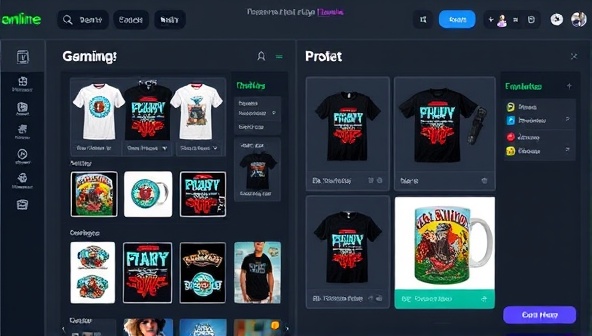 An online design studio interface with a variety of gaming-themed templates and customization options, showing users designing and previewing custom merchandise items such as t-shirts, mugs, and phone cases, highlighting the creative and interactive nature of the platform.