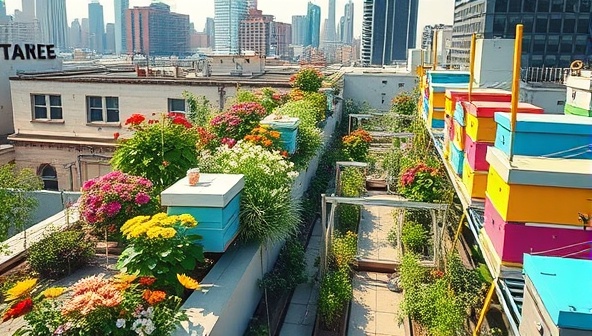 An artistic visualization of a bustling urban rooftop garden filled with blooming flowers, buzzing bees, and colorful beehives, showcasing the harmony of urban beekeeping and sustainable pollination in a city setting.