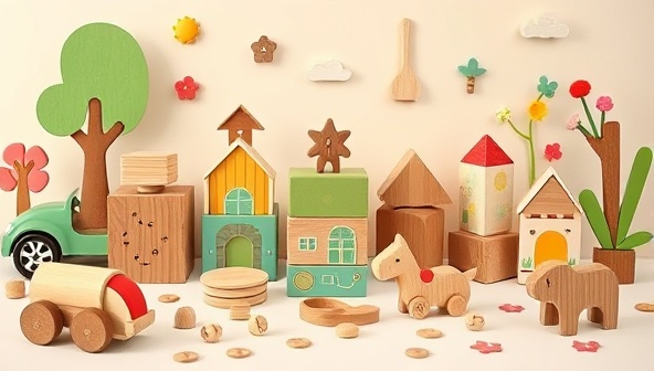 A charming image showcasing a whimsical collection of handcrafted wooden toys like cars, blocks, puzzles, and animals, arranged in a playful and colorful display that captures the essence of childhood joy, creativity, and eco-friendly playtime, set against a backdrop of nature-inspired elements like trees and flowers.