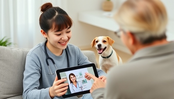 An adorable image of a pet owner engaging in a video consultation with a veterinarian on a tablet, while their pet playfully interacts in the background, showcasing the convenience and comfort of virtual pet healthcare services.