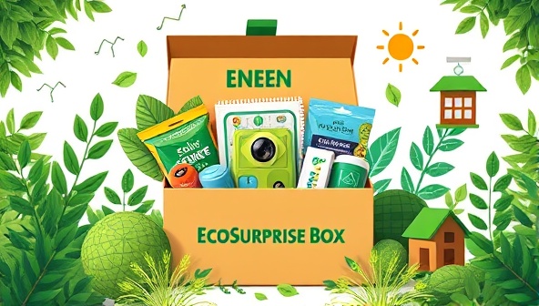 An artistic depiction of a vibrant and eco-friendly subscription box filled with green energy products such as solar-powered gadgets, energy-saving devices, and sustainable lifestyle items, surrounded by green foliage and renewable energy symbols, evoking a sense of excitement and discovery for EcoSurprise Box subscribers.