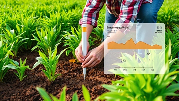 A farmer in a lush green field, installing a soil sensor probe into the ground, with a digital interface displaying soil moisture levels and nutrient data, illustrating precision agriculture and technology integration for optimized crop management.