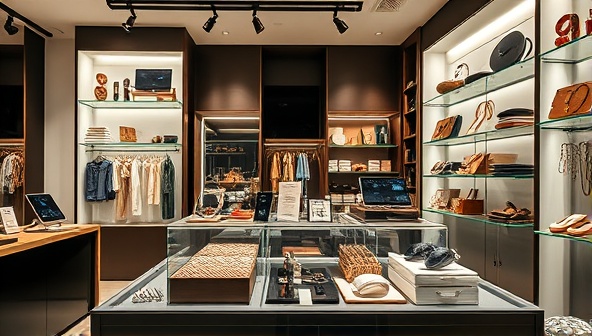An image of a stylish boutique display featuring artisanal tech accessories crafted from premium materials and unique designs, creating a chic and trendy atmosphere that appeals to fashion-conscious tech enthusiasts at TechChic Boutique.