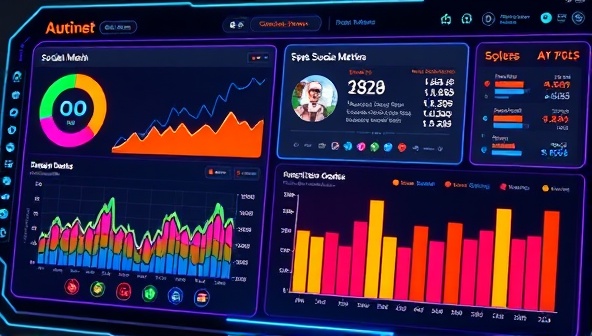 A futuristic digital interface displaying vibrant social media metrics and engagement data, with an AI bot avatar providing recommendations to a content creator, symbolizing innovation and efficiency.