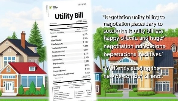 An engaging visual of a utility bill with highlighted savings, negotiation success stories, and a happy client testimonial, set against a backdrop of a diverse range of properties symbolizing the potential savings and benefits of optimized utility bills for various customers.