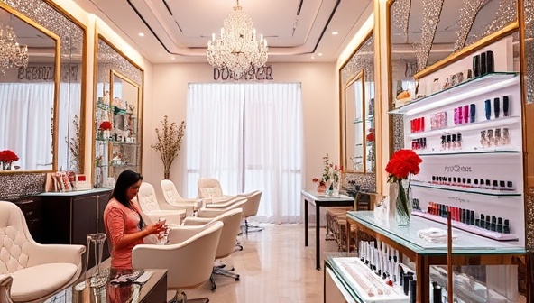 An elegant nail salon adorned with sparkling crystals and luxurious decor, a client receiving a crystal-infused manicure, and a display showcasing a variety of crystal nail art designs and premium nail products, exuding a sense of sophistication and indulgence in a serene environment.