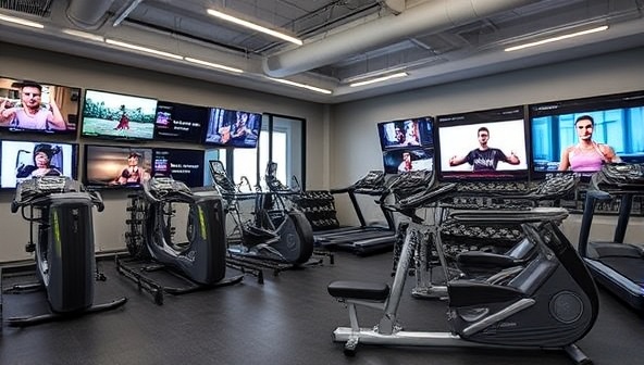 A fitness facility equipped with the latest technology solutions, including virtual training platforms, wearable devices, and interactive workout screens, illustrating the seamless integration of tech innovations through TechFit Solutions' consultation services.