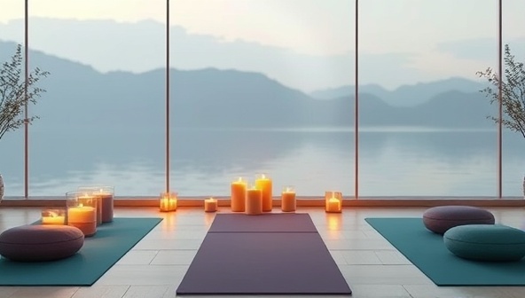 A tranquil virtual retreat setting featuring a serene backdrop with candles, soft lighting, yoga mats, and meditation cushions, creating a calming and peaceful atmosphere conducive to mindfulness and relaxation, inviting participants to unwind and recharge.