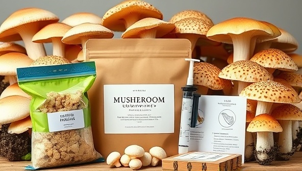 An aesthetically designed mushroom growing kit with colorful substrate bags, spore syringes, and illustrated instructions, set against a backdrop of flourishing mushrooms in various stages of growth, emphasizing the simplicity and satisfaction of homegrown mushrooms.