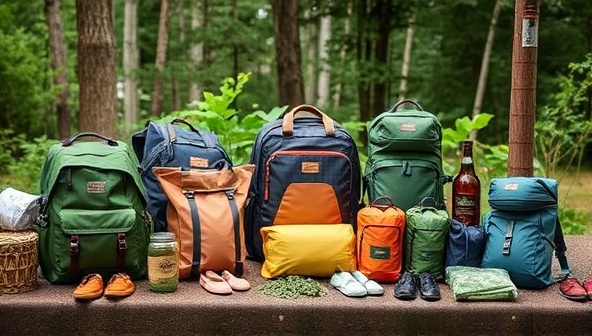 A visually appealing display of eco-friendly camping gear and sustainable travel essentials arranged in a natural outdoor setting, highlighting the eco-conscious and adventurous spirit of Green Trek Packs.