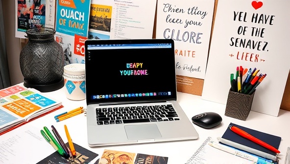 A digital artist creating customized social media graphics on a sleek laptop, surrounded by colorful mood boards, pens, and inspirational quotes, reflecting a blend of creativity and professionalism.