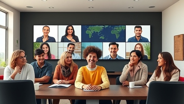 A virtual meeting room with diverse avatars representing different cultures engaging in language learning activities, creating an inclusive and vibrant learning environment.