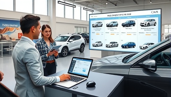 A digital artwork depicting a virtual car showroom with a consultant guiding a client through different car models on a large screen, with interactive comparison tools and price negotiation simulations, conveying professionalism and personalized service.