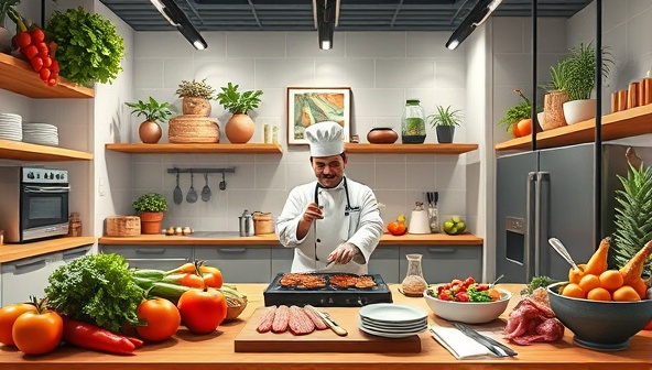 An artistic digital illustration of a virtual kitchen studio filled with fresh ingredients, cooking utensils, and a chef guiding participants through a culinary masterclass, capturing the essence of culinary creativity and gastronomic delight in a virtual setting.