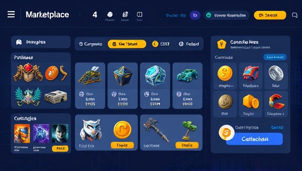 An illustration of a digital marketplace interface featuring a variety of in-game assets, currencies, and collectibles available for trade, with secure blockchain verification symbols and cryptocurrency payment options, showcasing the decentralized and transparent nature of CryptoGame Exchange.