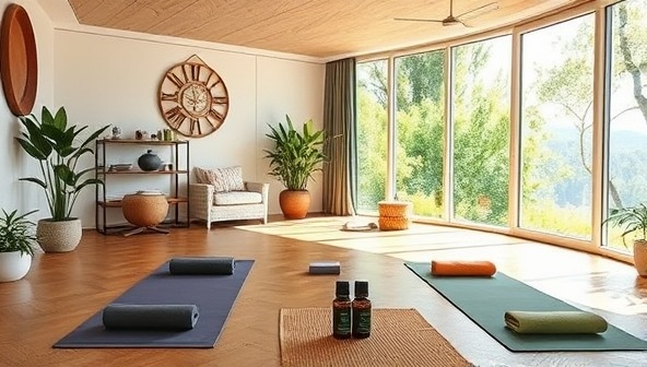 An inviting virtual wellness space with tranquil decor, yoga mats, essential oils, and a serene backdrop of nature, creating a calming and immersive environment for virtual retreat participants.