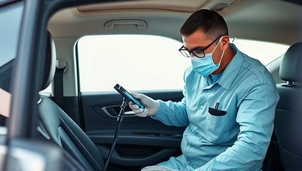 An image of a professional technician wearing a uniform, sanitizing the interior of a car with specialized equipment, emphasizing cleanliness and meticulous attention to detail.
