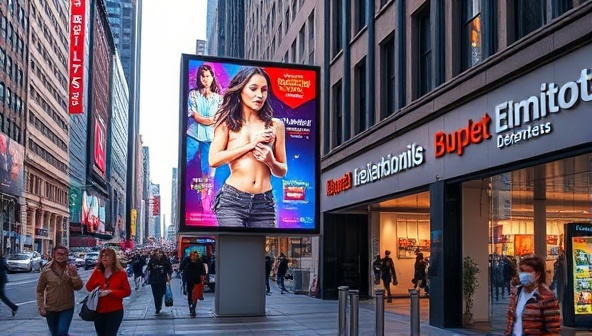 An urban street scene featuring a digital billboard displaying colorful and engaging advertisements, surrounded by bustling foot traffic and vibrant storefronts, capturing the essence of local advertising impact.