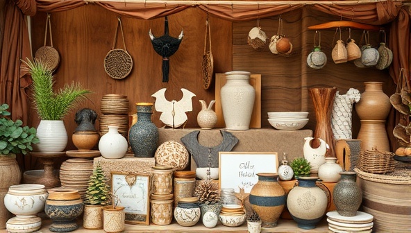 An artistic image of a diverse collection of handmade products displayed on the marketplace platform, highlighting the craftsmanship, creativity, and unique appeal of the artisanal offerings.