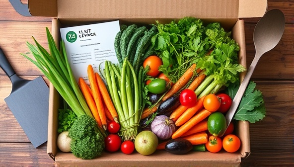 An artistic display of fresh, colorful vegetables and herbs neatly arranged in a meal kit box, accompanied by recipe cards and cooking utensils, conveying the freshness and convenience of the plant-based meal kit service.
