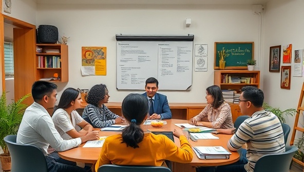 A virtual language classroom setting with a diverse group of learners engaging in interactive language exercises led by a language coach, surrounded by cultural artifacts and language learning tools, showcasing the consultancy's immersive and engaging language learning approach.