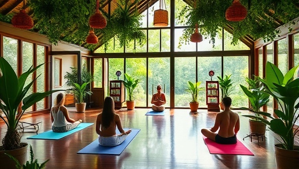 A serene and tranquil retreat center setting with lush greenery, calming decor, and individuals engaged in yoga and meditation practices, embodying the peaceful and rejuvenating atmosphere of Zen Journey Haven.