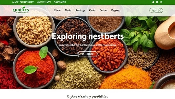 An online ingredient marketplace homepage featuring vibrant images of exotic spices, rare herbs, and artisanal condiments, inviting customers to explore a world of culinary possibilities.