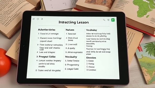 An engaging language lesson displayed on a tablet screen, featuring interactive exercises, vocabulary challenges, and pronunciation guides, surrounded by language textbooks and cultural symbols, creating an immersive language learning experience with AI technology.