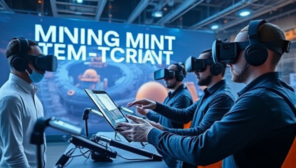 An interactive VR training session in progress, with miners wearing VR headsets and engaging with virtual mining equipment and scenarios, surrounded by a futuristic digital environment, capturing the essence of immersive and engaging training provided by VRock Mine Academy.