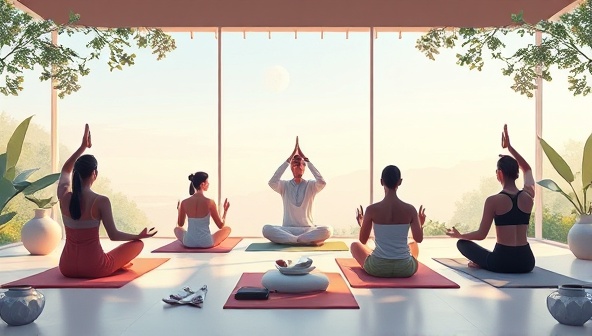 A serene digital illustration of a ZenZone Retreat session with participants practicing yoga poses and meditation in a tranquil virtual setting, surrounded by nature and calming elements, evoking a sense of inner peace and connection.