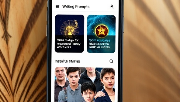 An engaging mobile app screen displaying a variety of writing prompts ranging from fantasy adventures to sci-fi mysteries, with user-generated stories showcased below, highlighting the inspirational and community-driven features of PromptQuest.