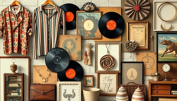 A digital collage of diverse vintage items like retro clothing, vinyl records, antique jewelry, and quirky home decor pieces, creating a nostalgic and eclectic vibe that captures the essence of RetroRevive's virtual thrift store platform.