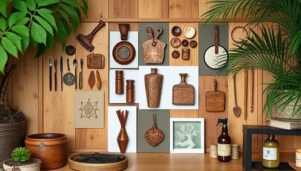 An online gallery displaying a variety of handcrafted items from local artisans, surrounded by elements of nature and creativity, evoking a sense of community and craftsmanship.