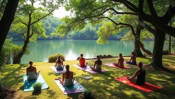 An idyllic retreat setting surrounded by lush greenery, calming waters, and yoga mats laid out under the shade of trees, with participants engaging in mindfulness exercises and unplugged activities, symbolizing relaxation and mental rejuvenation during a digital detox retreat.