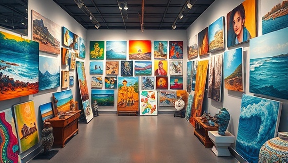 An art-filled virtual gallery showcasing a diverse range of artworks, from paintings to sculptures, with interactive features for viewers to explore and purchase local art pieces, creating a vibrant and immersive art experience.