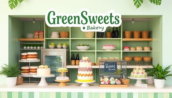 A charming and eco-friendly bakery display showcasing GreenSweets Bakery's plant-based desserts, including beautifully decorated vegan cakes, colorful pastries, and artisanal treats made from locally sourced and organic ingredients, radiating a blend of sweetness and sustainability in every bite.