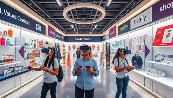 A virtual reality storefront showcasing a variety of products in a visually appealing and interactive environment, with shoppers navigating through the VR showroom using controllers, surrounded by digital representations of product categories and online purchase options, illustrating the immersive and engaging shopping experience provided by the platform.