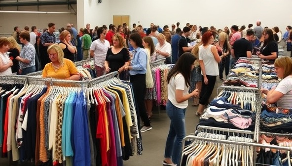 A lively fashion swap event scene with racks of clothing, accessories, and shoes for exchange, accompanied by excited participants mingling and exploring the diverse selection of preloved fashion items, fostering a sense of community and sustainable style choices.