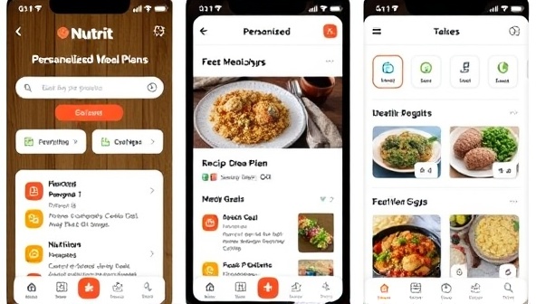 An app interface screenshot displaying personalized meal plans, recipe suggestions, and nutritional insights tailored to a user's health goals and dietary preferences, showcasing the convenience and customization of NutriSmart.