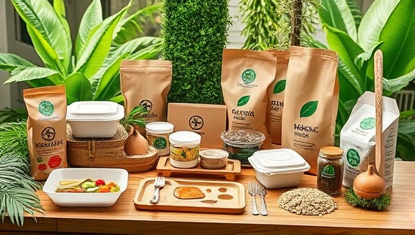 An assortment of eco-friendly food packaging products elegantly displayed on a wooden table, featuring compostable containers, biodegradable utensils, and recyclable packaging, surrounded by lush greenery and natural elements, highlighting the brand's commitment to sustainability and environmental stewardship.
