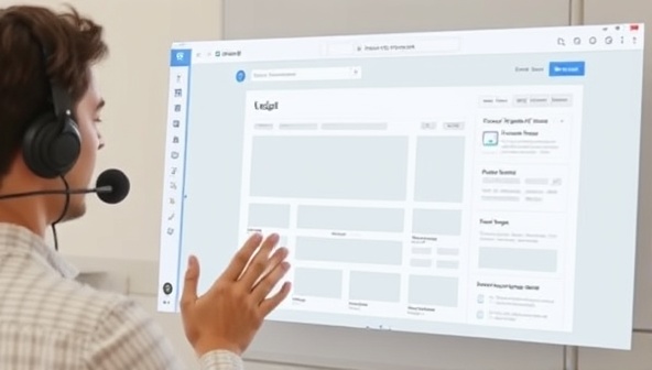 An image of a user interacting with VoiceWeb Creator through voice commands, designing a website layout using natural language prompts and gestures, showcasing the intuitive and hands-free experience of the platform.