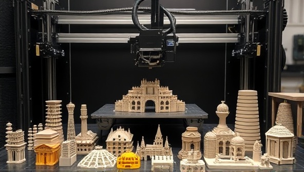 An industrial 3D printer in action, creating intricate construction components layer by layer, with a diverse range of printed elements displayed around it, highlighting the precision and customization offered by PrintBuilt Solutions.