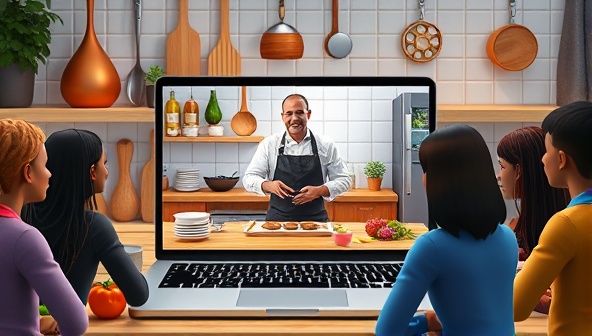 A vibrant virtual kitchen setting with a chef conducting a live cooking class on a laptop screen, surrounded by ingredients, utensils, and a diverse group of digital avatars actively following the instructions, evoking a sense of community and learning.