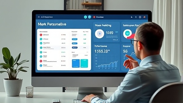 An AI-powered digital assistant interacting with a business owner on a computer screen, displaying personalized marketing recommendations and performance metrics, highlighting the efficiency and customization of the service.