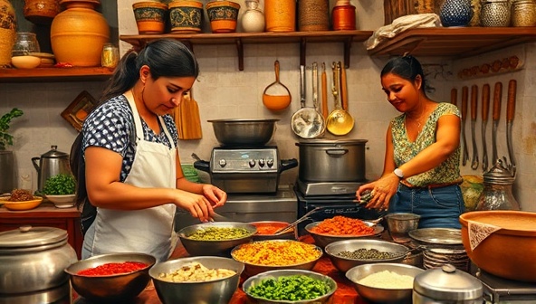 An evocative image of a traveler participating in a traditional cooking class with a local host in a vibrant kitchen setting, surrounded by colorful spices, cooking utensils, and cultural artifacts, capturing the essence of cultural exchange and culinary exploration.