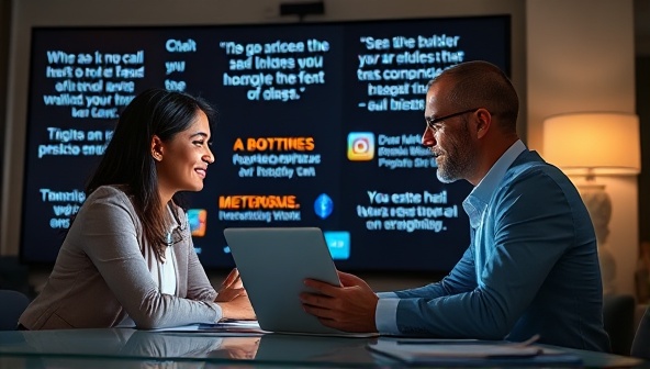 An inspiring image of a mentor and mentee engaged in a virtual meeting, sharing insights and ideas on a digital screen, with motivational quotes and real estate success stories displayed in the background, symbolizing growth and collaboration in the mentorship program.